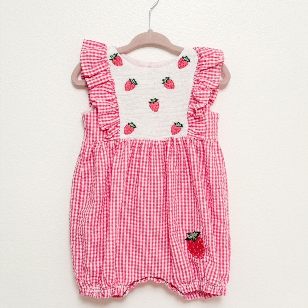 Bonnie Baby Pink Gingham Romper with Strawberry Embroidery
